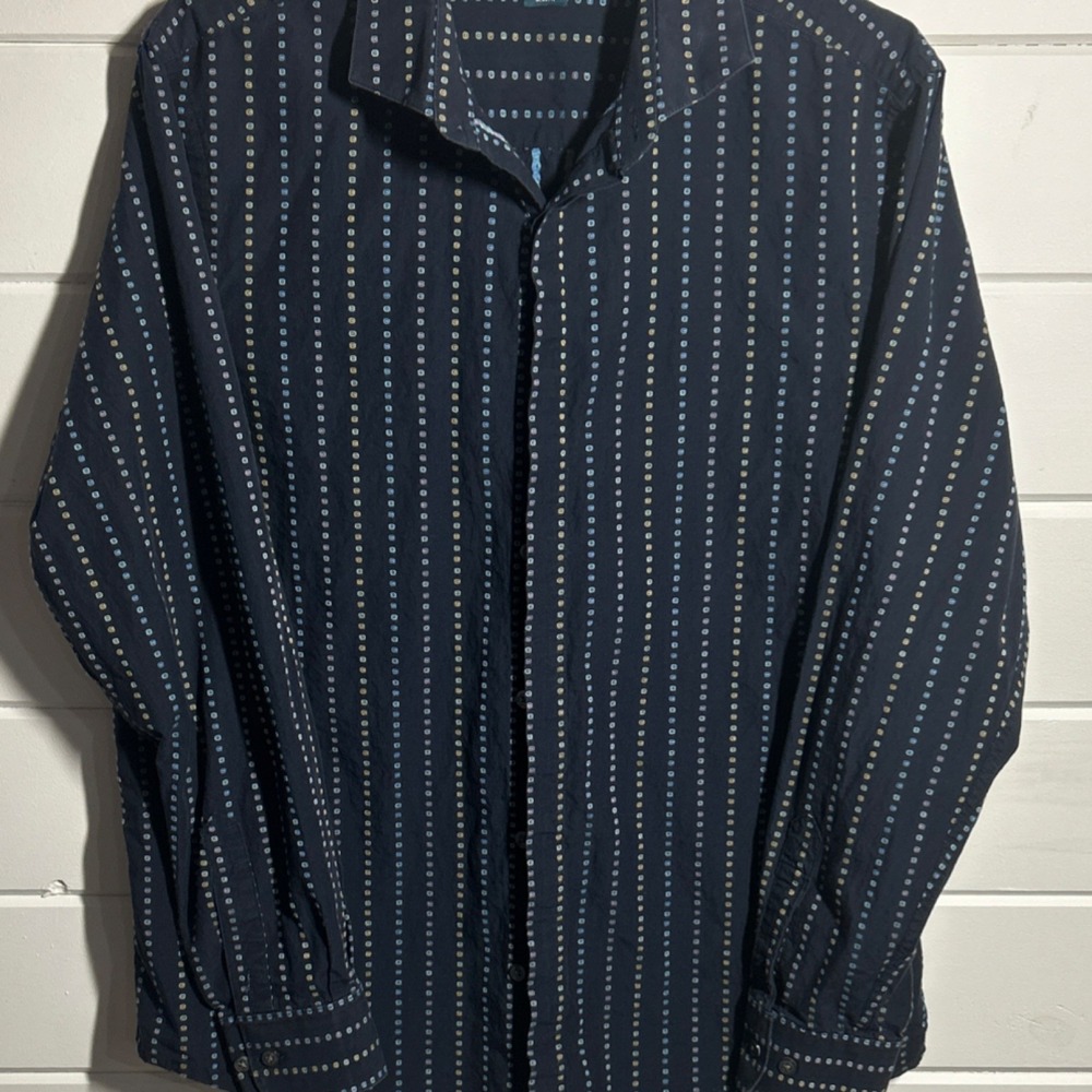 Perry Ellis Men's Navy Geometric Slim Fit Long Sleeve Casual Button-Up Shirt